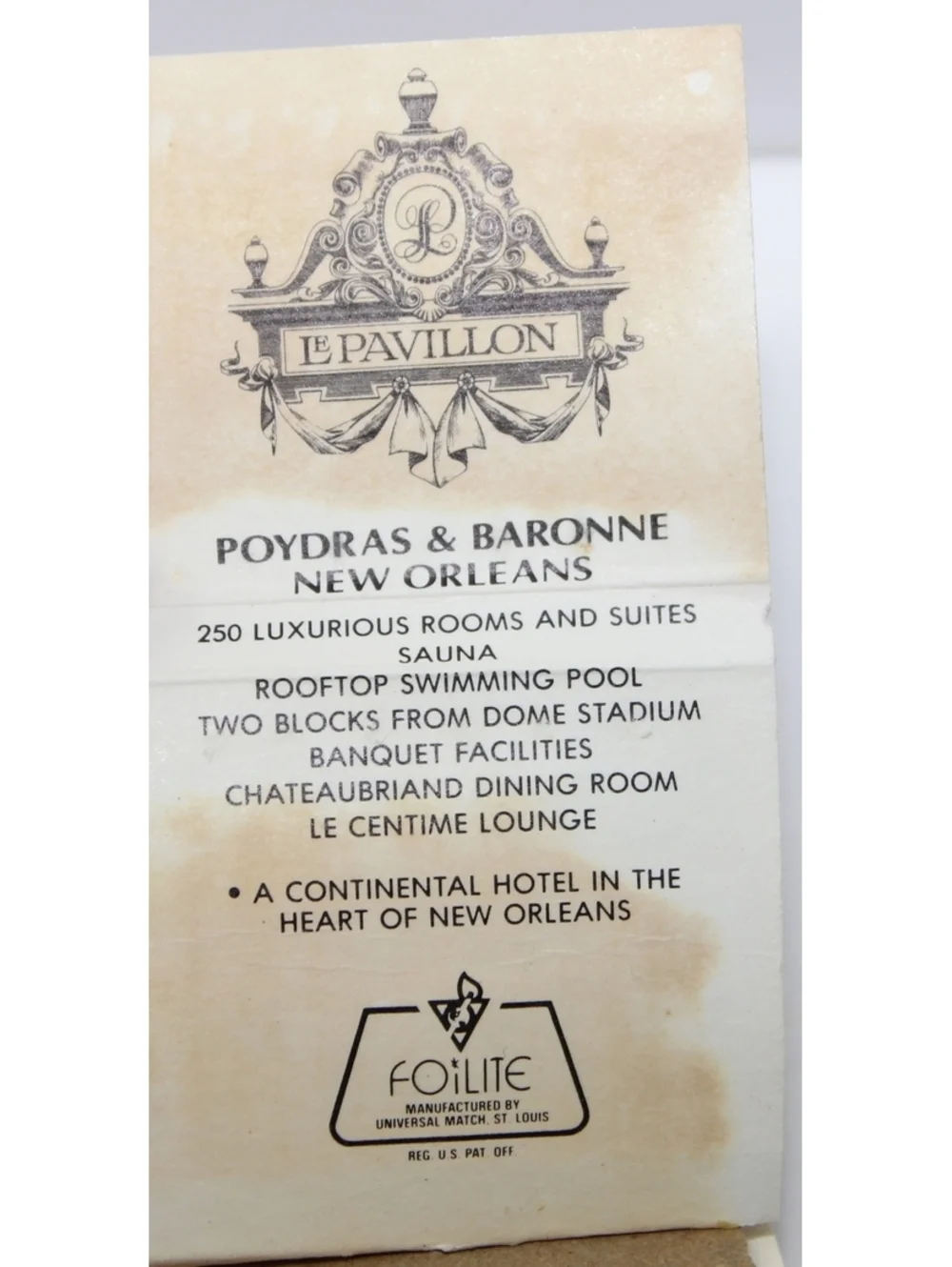 Vintage Matchbook Le Pavillon Hotel Chateaubriand Dining Room New Orleans